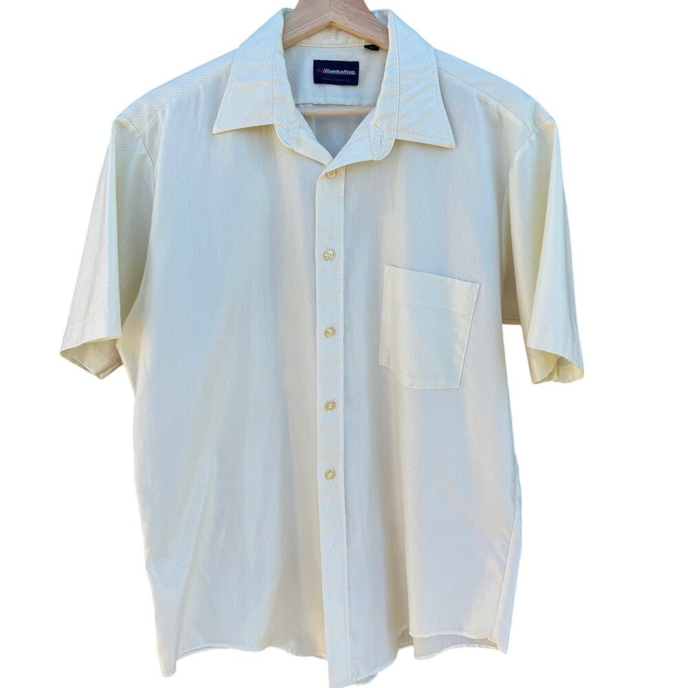 Vintage Yellow Striped Manhattan Short Sleeve Button Up Shirt Men's Medium
